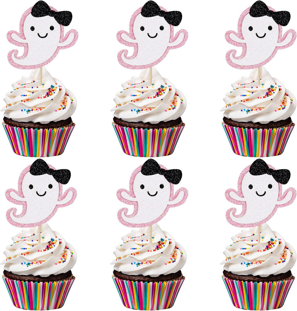Ghost Cupcake Toppers Pink Glitter, Halloween Ghost Birthday Baby Shower Cupcake Toppers Ghost Food Cupcake Picks for Pink Halloween Baby Shower Birthday Party Cake Supplies - 24Pcs