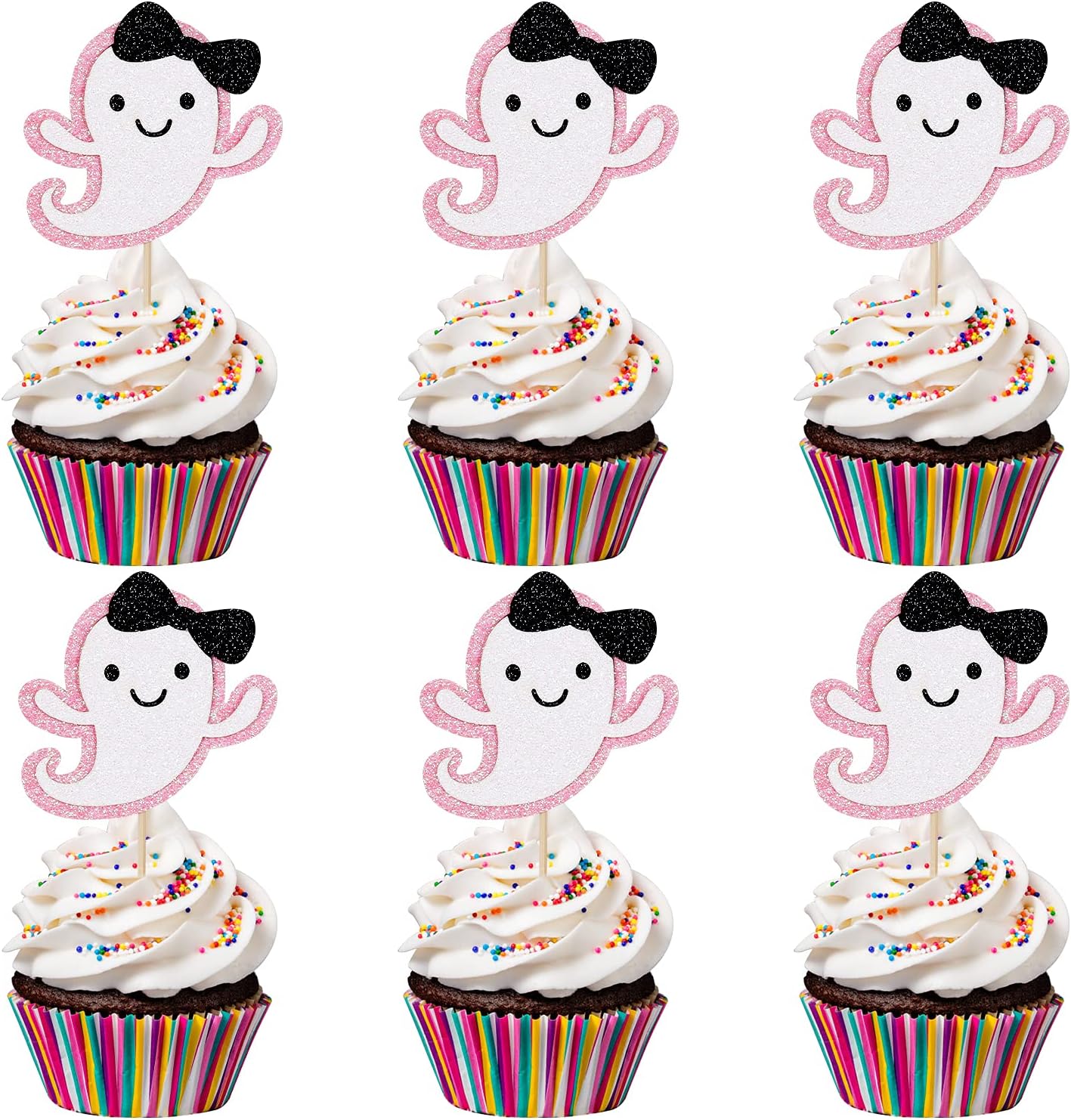 Ghost Cupcake Toppers Pink Glitter, Halloween Ghost Birthday Baby Shower Cupcake Toppers Ghost Food Cupcake Picks for Pink Halloween Baby Shower Birthday Party Cake Supplies - 24Pcs