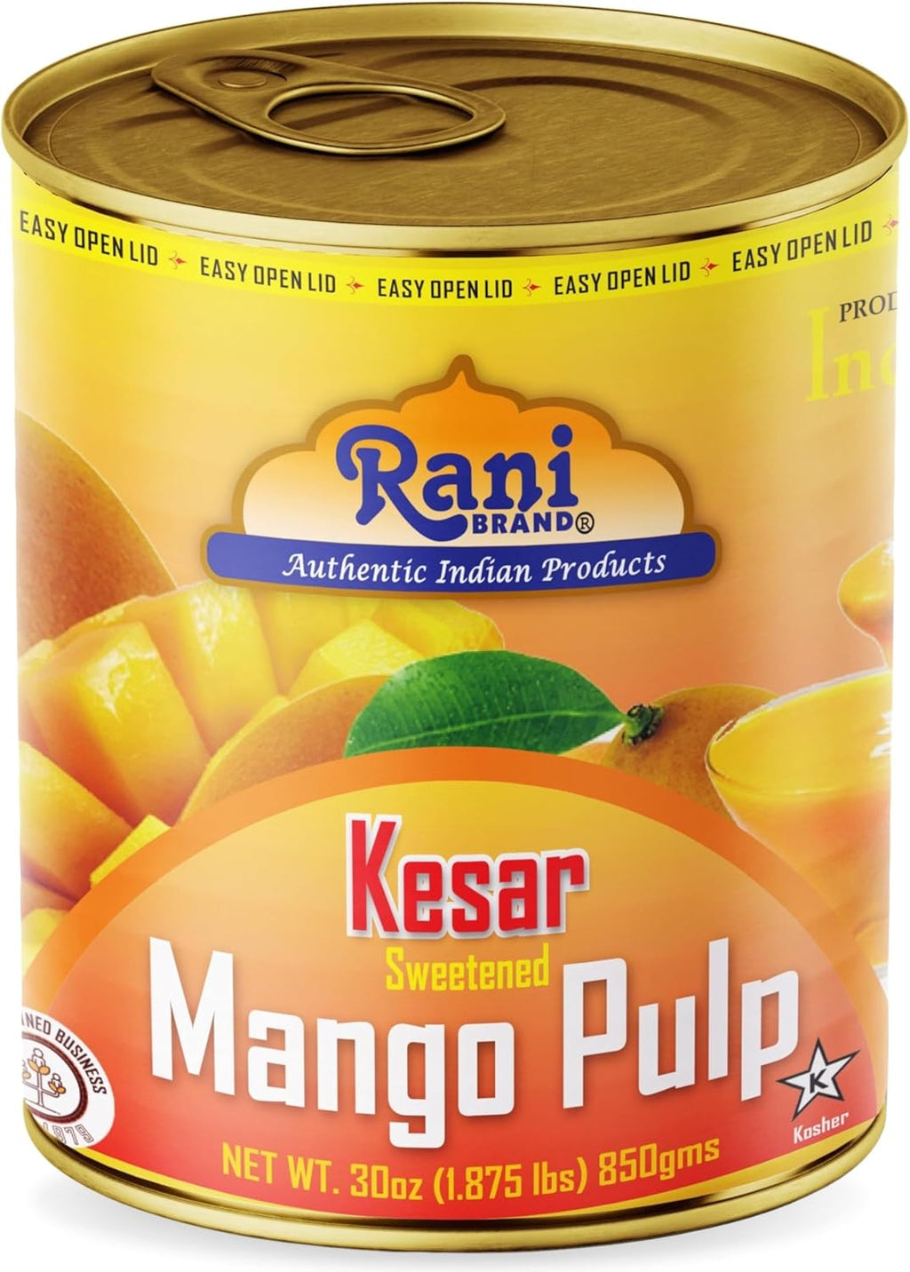 Rani Mango Pulp Puree (Makes Mango Lassi Shakes) Kesar Sweetened 30oz (1.875lbs) 850g ~ Kosher | All Natural | NON-GMO | Vegan | No colors | Gluten Friendly | Indian Origin