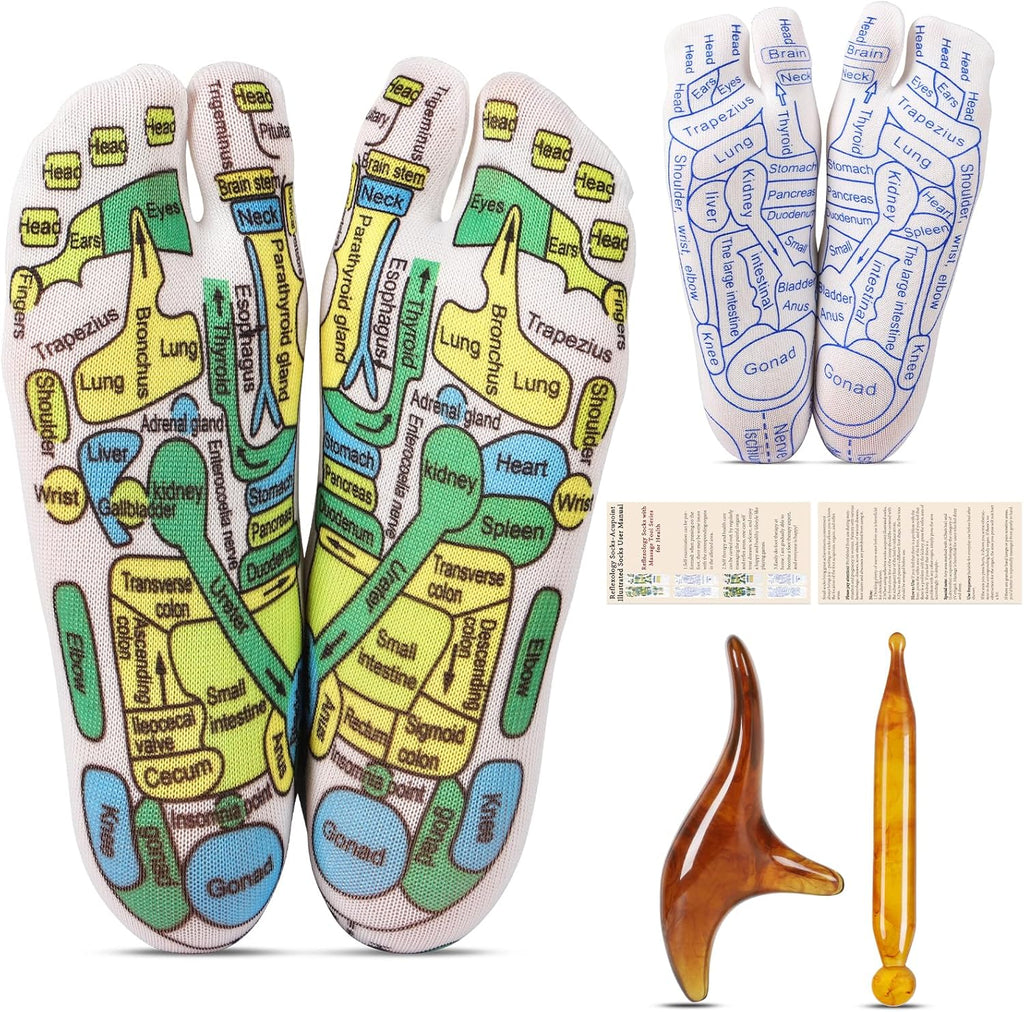 Reflexology Socks Set with Tools, 2 Pairs Foot Massage Socks Chiro Acupressure Acupuncture Massage Tool Trigger Point Pain Relief Remedy Acupoint Birthday Gifts for Women