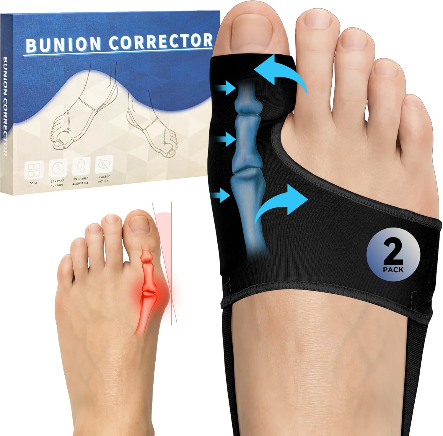 2 PCS Bunion Corrector for Women & Men - Big Toe Straightener with Splint & Pads,Breathable & Comfortable Big Toe Alignment Splint,Bunion Pain Relief Socks for Day/Night Support