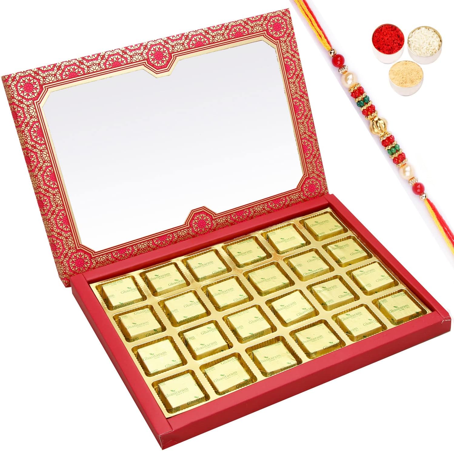 Ghasitaram Gifts Rakhi Gifts for Brothers Rakhi Sweets - Rakhi MEWA Bites - 24 pcs Pink Printed Assorted MEWA BitesBox with Pearl Beads Rakhi