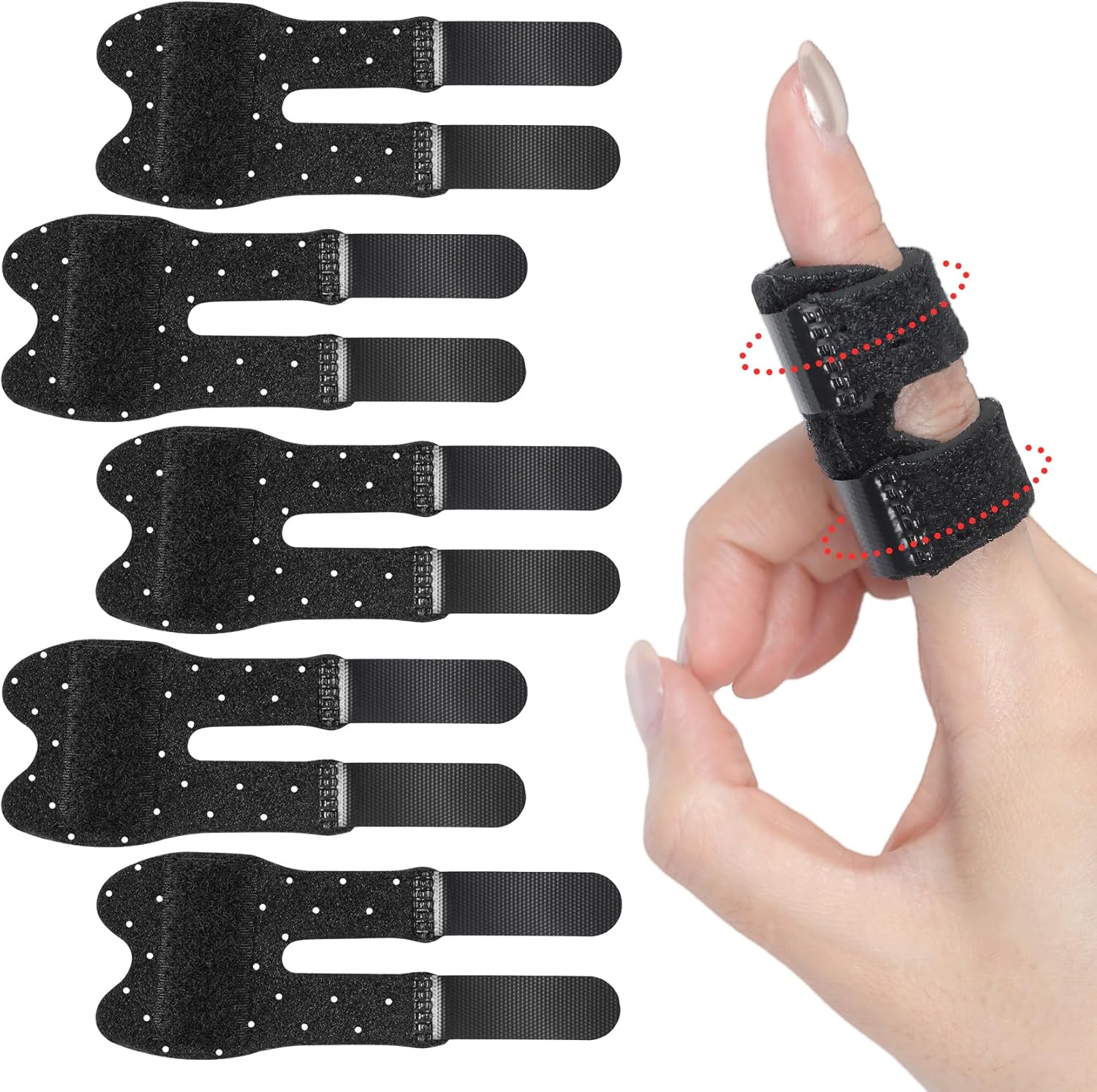 5 PCS Breathable Trigger Finger Splint, Adjustable Finger Brace, Thumb Brace for Broken Strained Arthritis for Thumb, Middle, Index, Ring, Pinky Finger Splint (5, Black)