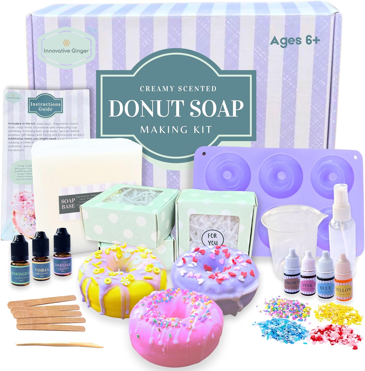 Innovative Ginger DIY Donut Soap Making Craft Kit for Kids, Teens, and Adults - Fun, Easy, Creative - Large Soap Donuts - Perfect Birthday & Holiday Gift - Unique, Mess-Free, All-in-One Kit (Donut)