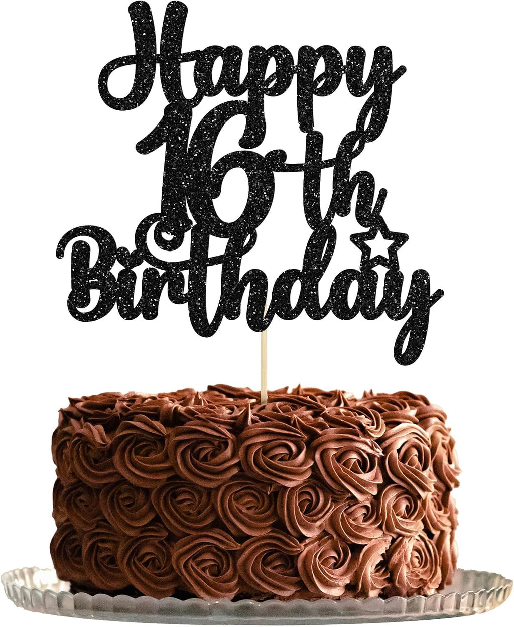Gyufise 1Pc Happy 16th Birthday Cake Topper Black Glitter 16 & Fabulous Sweet 16 Birthday Cake Pick for Celebrating 16th Birthday Anniversary Party Cake Decorations Supplies
