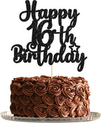 Gyufise 1Pc Happy 16th Birthday Cake Topper Black Glitter 16 & Fabulous Sweet 16 Birthday Cake Pick for Celebrating 16th Birthday Anniversary Party Cake Decorations Supplies