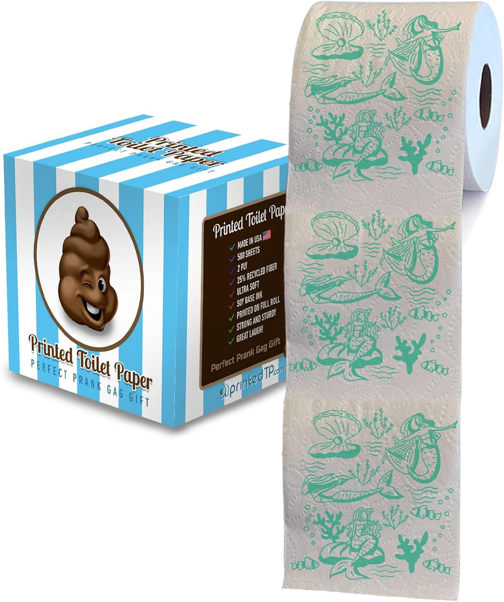 Printed TP Mermaid Pattern 2 Ply Toilet Paper Bathroom Tissue - Novelty Green Bath Tissue Roll - Funny Toilet Paper for Home Decor, Potty Gag Gifts, Prank and Hilarious White Elephant - 500 Sheets