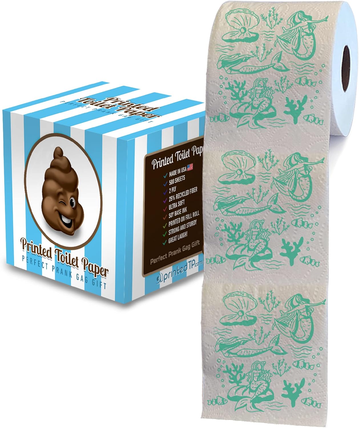 Printed TP Mermaid Pattern 2 Ply Toilet Paper Bathroom Tissue - Novelty Green Bath Tissue Roll - Funny Toilet Paper for Home Decor, Potty Gag Gifts, Prank and Hilarious White Elephant - 500 Sheets