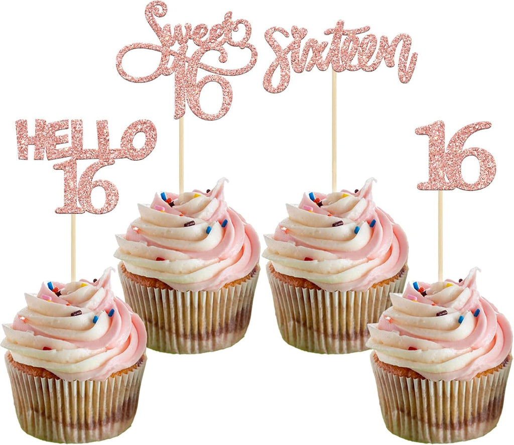 Gyufise 24 Pack 16th Birthday Cupcake Toppers Sweet 16 Cake Toppers Hello 16 Sixteen Cupcake Picks for 16th Birthday Cake Decorations Supplies Rose Gold