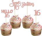 Gyufise 24 Pack 16th Birthday Cupcake Toppers Sweet 16 Cake Toppers Hello 16 Sixteen Cupcake Picks for 16th Birthday Cake Decorations Supplies Rose Gold
