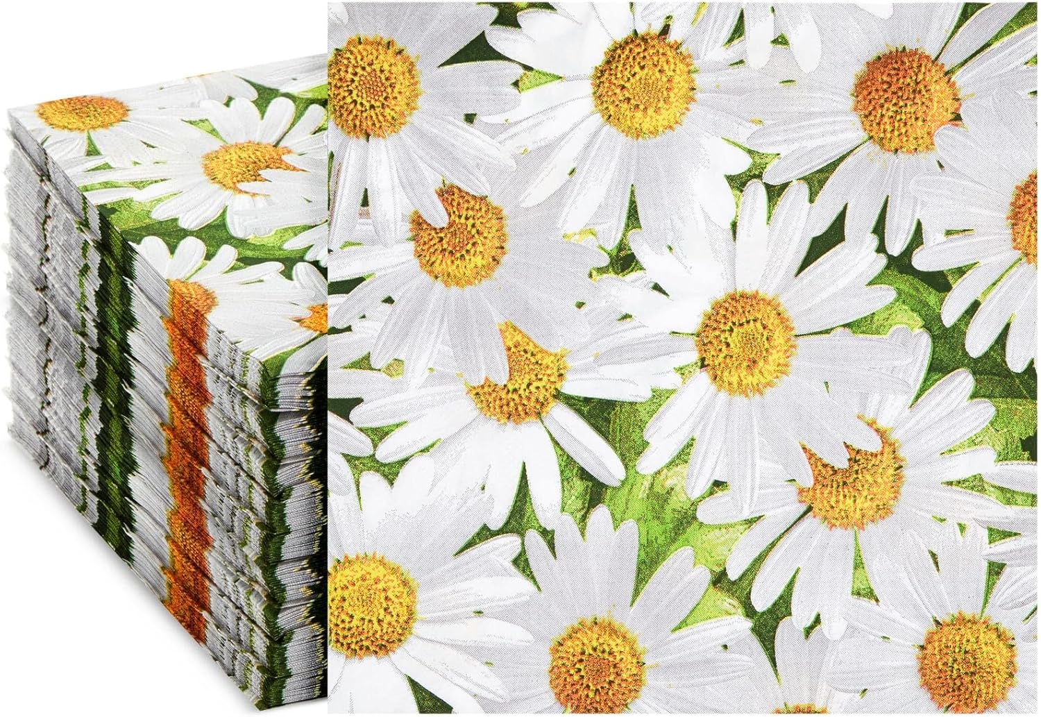 100 Pack Decorative Daisy Floral Pattern Paper Napkin, 2-Ply, 6.5x6.5”, Napkins for Garden Bridal Shower, Tea Party, Wedding & Decorative Party Supplies