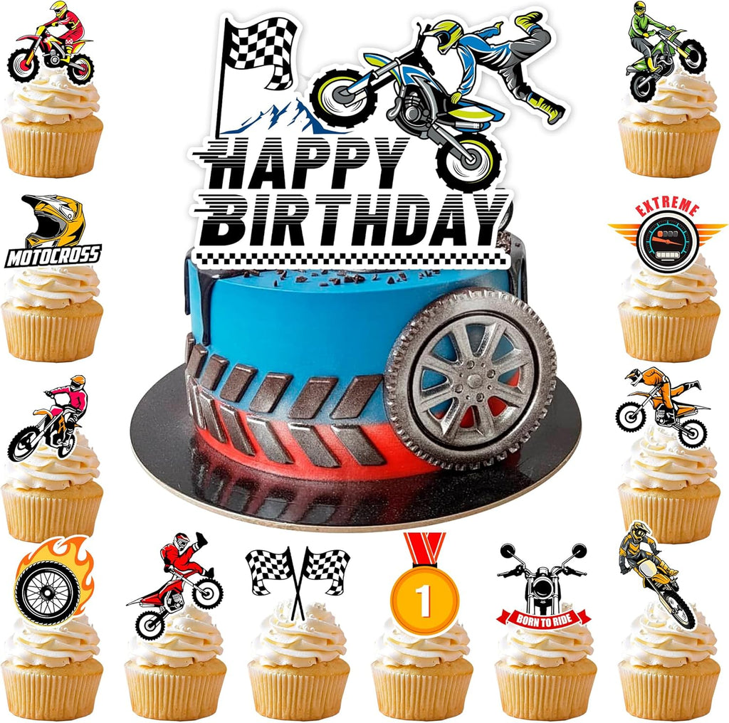 Motorcycle Cake Topper, 25Pcs Motorcycle Cupcake Toppers Dirt Bike Cake Topper Dirtbike Cupcake Toppers, Motorcycle Birthday Cake Decorations for Dirt Bike Birthday Party Decorations Supplies