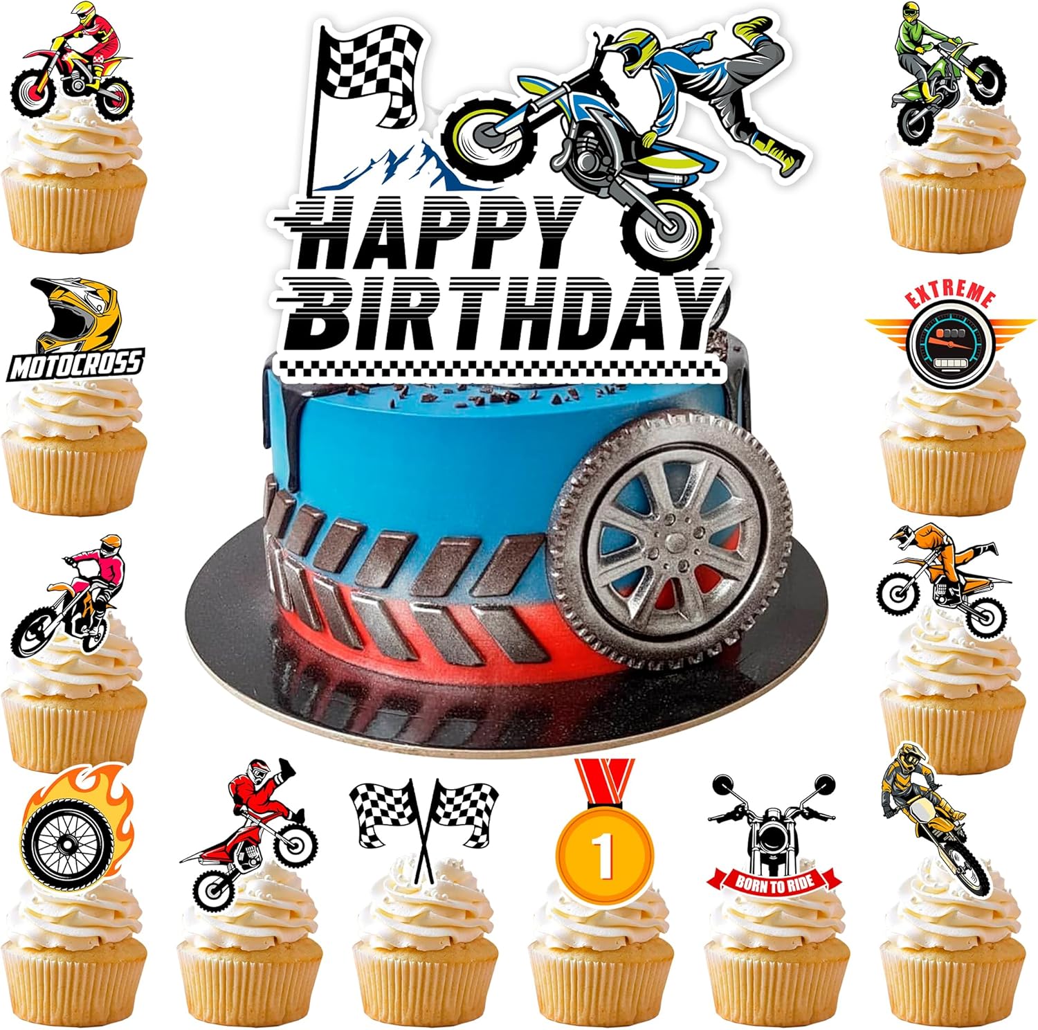 Motorcycle Cake Topper, 25Pcs Motorcycle Cupcake Toppers Dirt Bike Cake Topper Dirtbike Cupcake Toppers, Motorcycle Birthday Cake Decorations for Dirt Bike Birthday Party Decorations Supplies