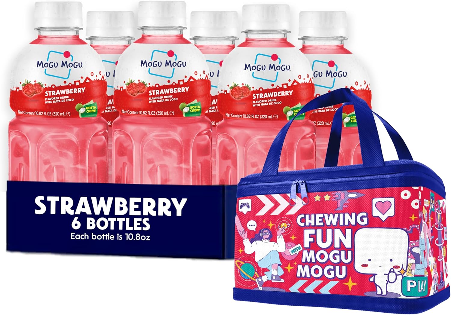 Mogu Mogu Strawberry Juice Drink (6 Bottles) with Limited Edition Cooler Bag – Chewy & Fun Strawberry Juice with Nata de Coco | Refreshing Drink for Kids & Adults | Ready to Drink Beverage Set