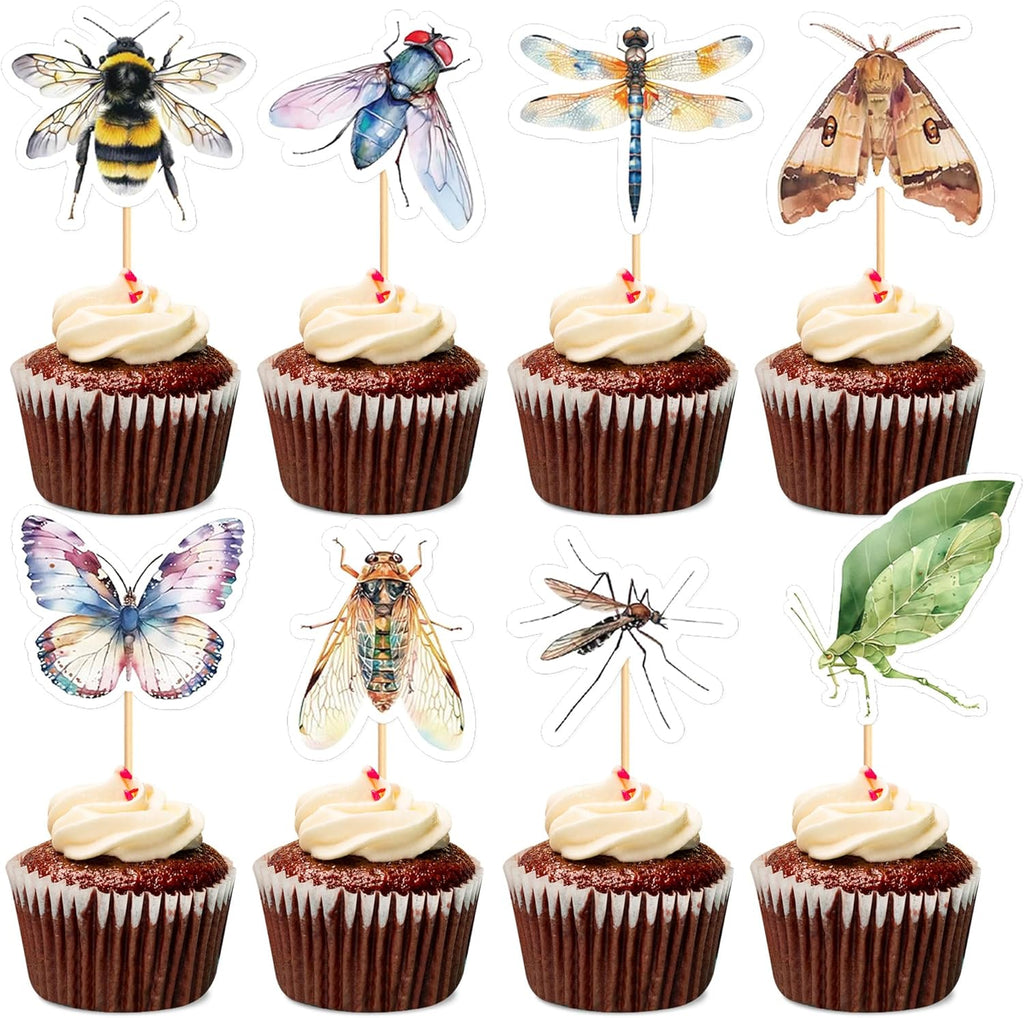 Ercadio 32 Pcs Insect Theme Cupcake Toppers Dragonflies Bees Flies Butterflies Moths Cupcake Pick Decorations for Insect Theme Baby Shower Birthday Party Cake Decorations Supplies