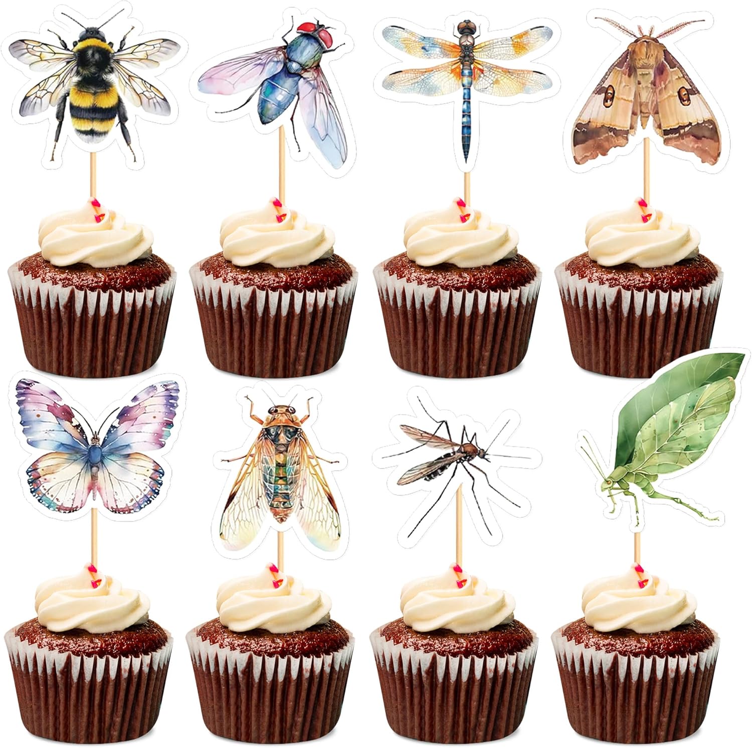 Ercadio 32 Pcs Insect Theme Cupcake Toppers Dragonflies Bees Flies Butterflies Moths Cupcake Pick Decorations for Insect Theme Baby Shower Birthday Party Cake Decorations Supplies