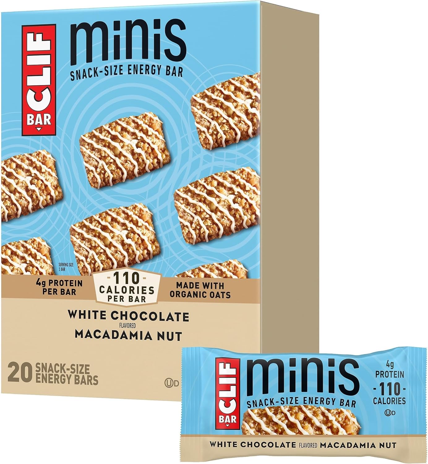 CLIF BAR Minis - White Chocolate Macadamia Nut Flavor - Made with Organic Oats - 4g Protein - Non-GMO - Plant Based - Snack-Size Energy Bars - 0.99 oz. (20 Pack)