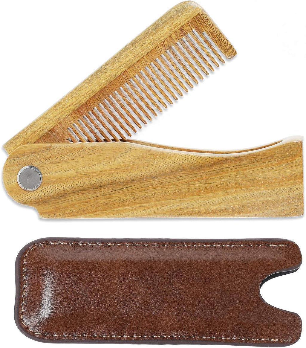 Onedor Handmade 100% Natural Green Sandalwood Fine Tooth Wooden Comb for Men Hair, Beard, and Mustache Styling Pocket Comb With Leather Case (Folding)