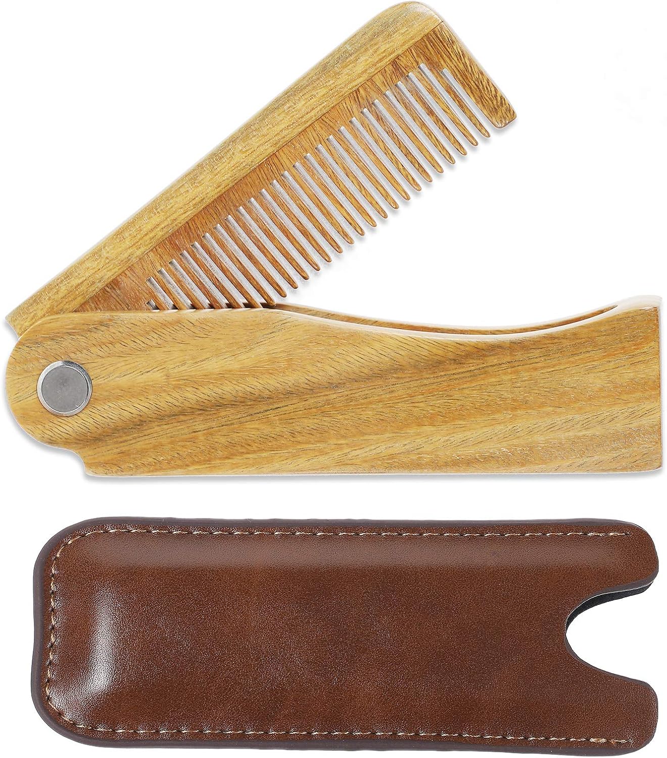 Onedor Handmade 100% Natural Green Sandalwood Fine Tooth Wooden Comb for Men Hair, Beard, and Mustache Styling Pocket Comb With Leather Case (Folding)