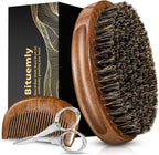 Beard Brush, Natural Boar Bristles Beard Brush for Men and Wooden Sandalwood Pocket Beard Comb Set, Facial Hair Grooming Kit with Mustache Scissors as a Styling Tool, Growth, Detangles, Shine