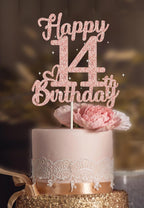 14th Birthday Cake Topper - Double Sided Rose Rose Gold Glitter, Happy 14th birthday Cake Topper for girls,14 Cake Topper For girls, 14th birthday decorations,14th Birthday Cake Topper Fourteen