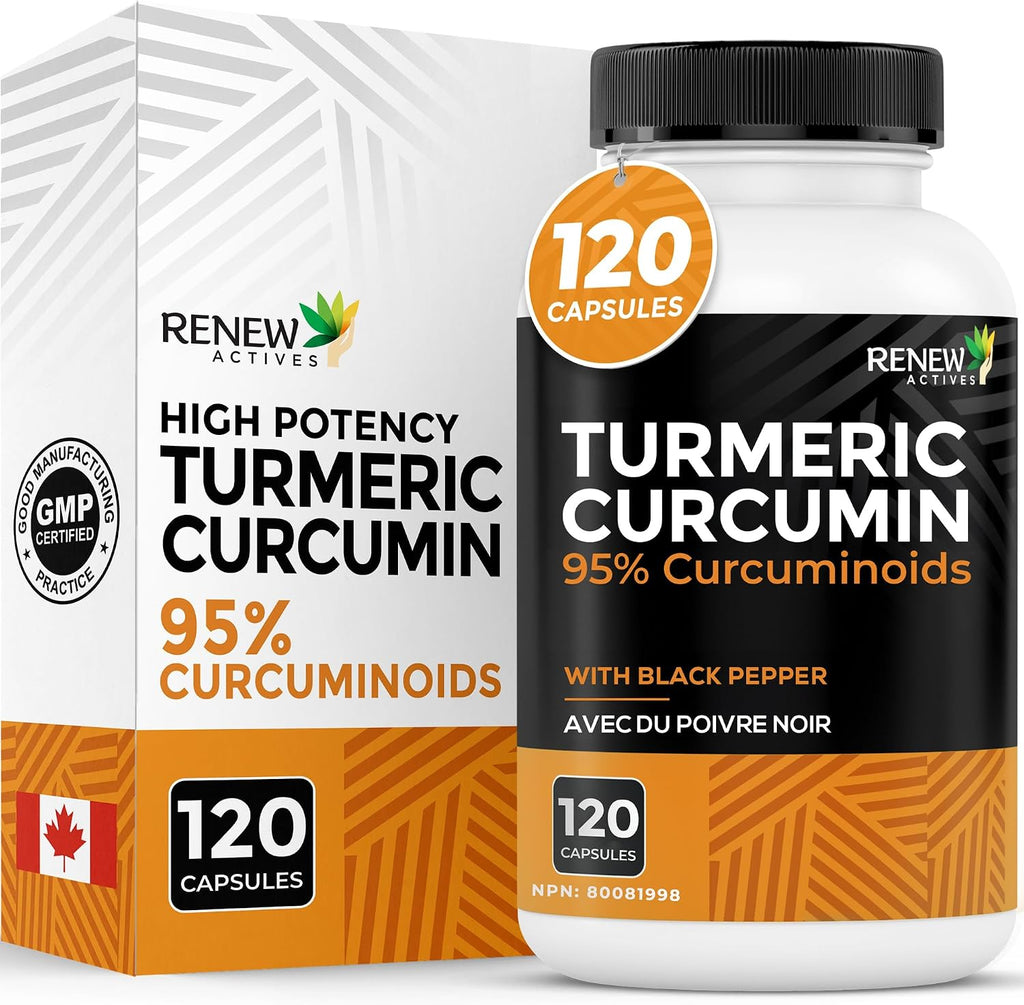 Renew Actives Turmeric Curcumin with Black Pepper – 600MG Turmeric Root, 100MG Curcuminoids per 2 Capsules – Supports Digestion, Liver Health, Joint Relief & Mobility – Made in Canada – 120 Capsules