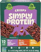 Simply Protein - Crispy Vegan Protein Bars Variety Pack, 3 Flavors - Plant Based, Protein Snacks - 13g Protein, 2g Sugar, 7g Fiber - Gluten Free, Non GMO, Kosher - 12 Bars
