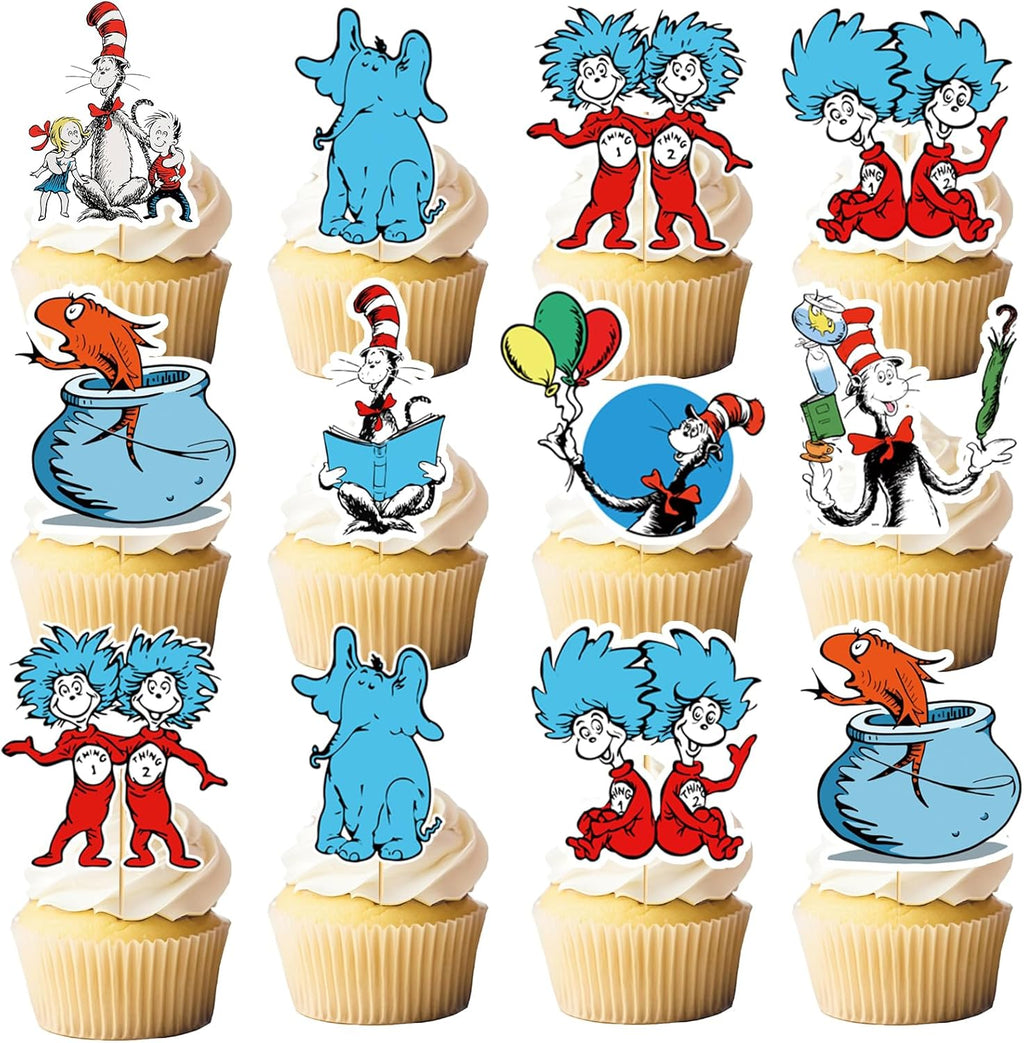 24PCS Cat in the Hat Cupcake Topper Seuss Cupcake Topper Cat in the Hat Birthday Decorations Cat in the Hat Decorations for Cat Seuss Decorations Cat in the Hat Party Supplies