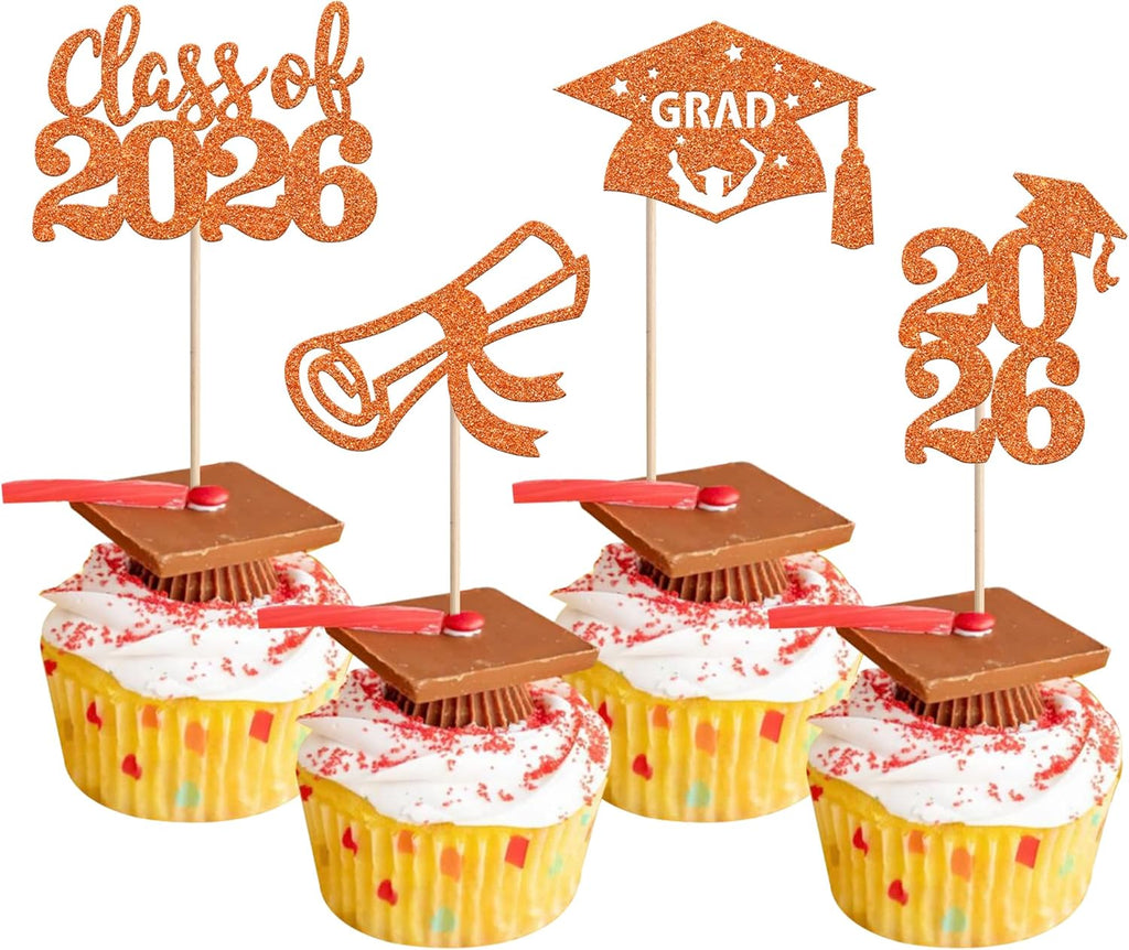 24 PCS 2026 Graduation Cupcake Toppers Glitter Class of 2026 Cupcake Picks Diploma Congrats Grad Cap Cake Decorations for 2026 Graduation Theme Party Supplies Orange