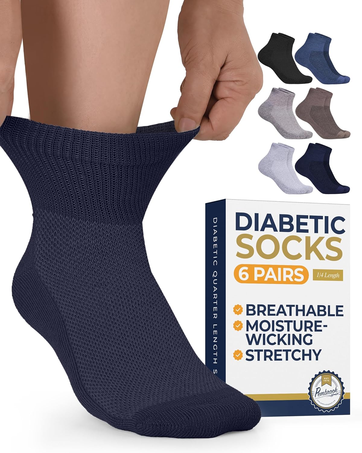 Pembrook Ankle Diabetic Socks for Women & Men | 6 Pairs | Wide Non Binding Socks Quarter Length | Edema Neuropathy Socks