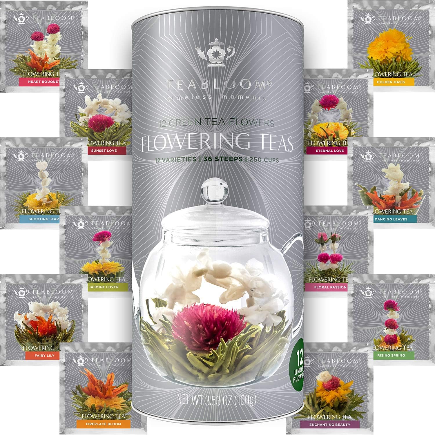 Teabloom Flowering Tea - 12 Unique Varieties of Fresh Blooming Tea Flowers - Hand-Tied Natural Green Tea Leaves & Edible Flowers - 12-Pack Gift Canister - 36 Steeps, Makes 250 Cups