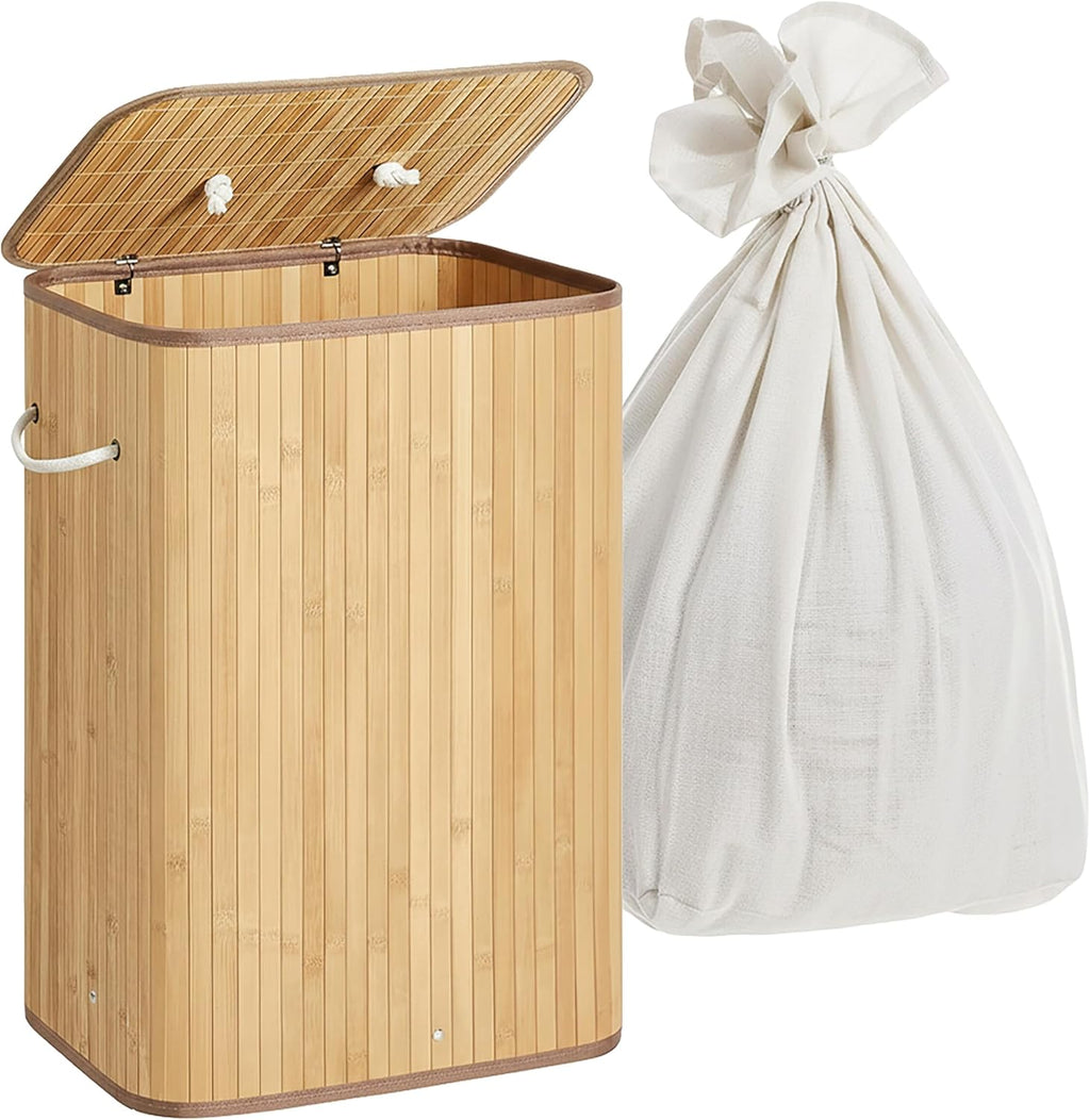 Relaxdays Laundry Basket with Lid, Bamboo, 80 Litres, Foldable Laundry Hamper, H x W x D: 60 x 40 x 30 cm, Natural