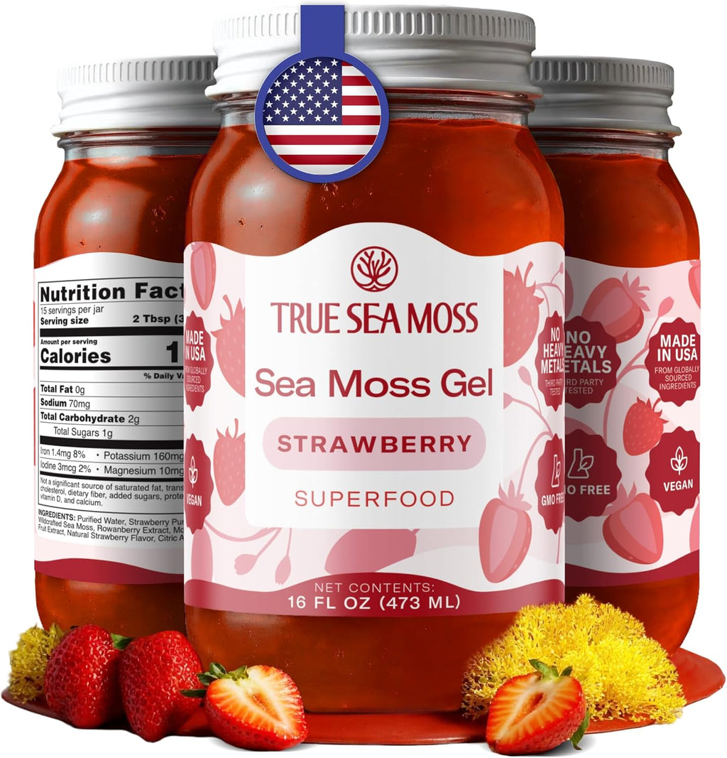 TrueSeaMoss Sea Moss Gel – Made in USA – Wildcrafted Seamoss, Fruits & Jarred Vegetables – Strawberry, Pack of 1 (Labels may Vary)