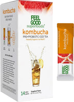FeelGood Superfoods Kombucha Iced Tea Packets, Delicious Grapefruit Flavored Refreshing Instant Kombucha Powder Fizzy Drink, Probiotic Supplement for Gut Health, 14 pack