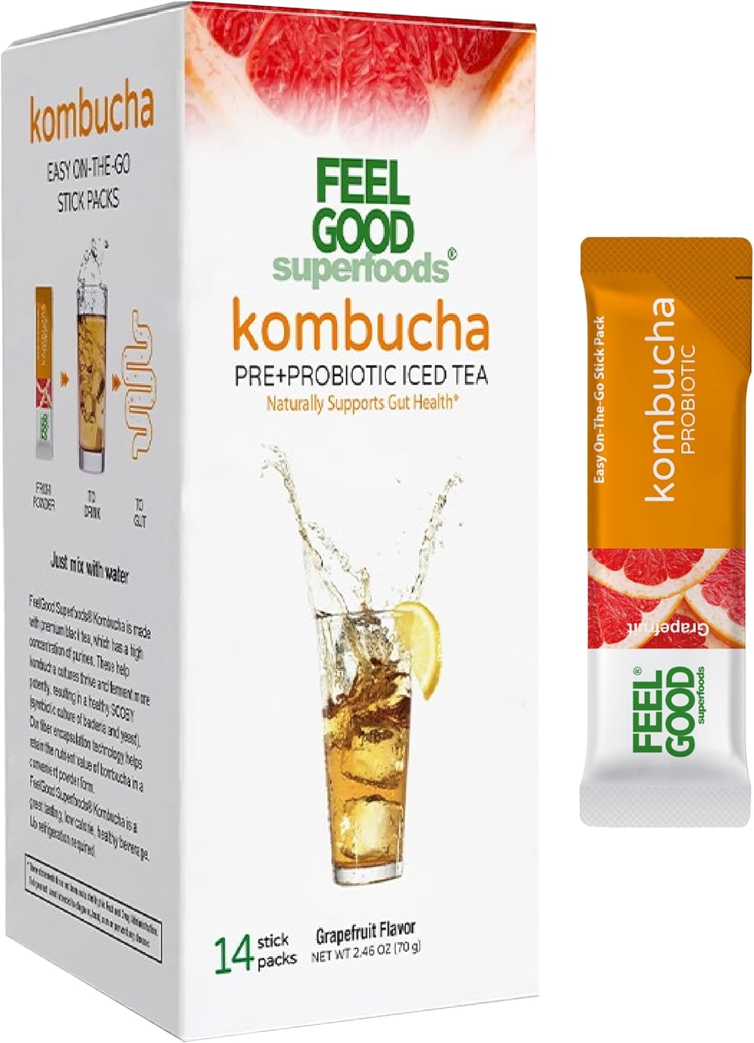 FeelGood Superfoods Kombucha Iced Tea Packets, Delicious Grapefruit Flavored Refreshing Instant Kombucha Powder Fizzy Drink, Probiotic Supplement for Gut Health, 14 pack