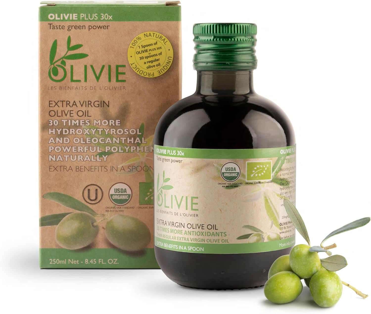 Organic High Polyphenol Rich Extra Virgin Olive Oil OLIVIE PLUS 30X | Moroccan Desert Olive Oil | EVOO | Organic, Kosher | 250 ml Glass Bottle