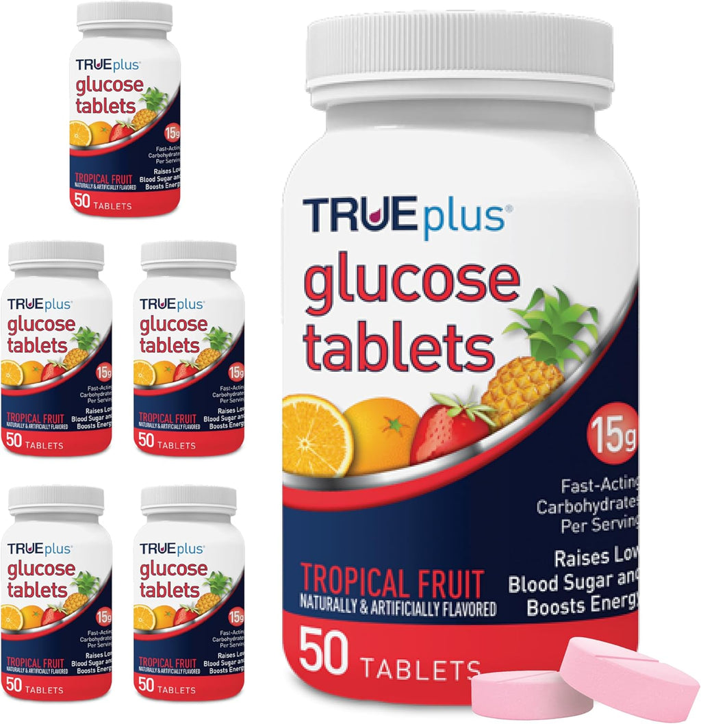 TRUEplus Glucose Tablets, Chewable, Tropical Fruit Flavor, 15g Fast-Acting Carbohydrates, Fat Free, Gluten Free, Boost Energy, 50 Count, 6 Bottles