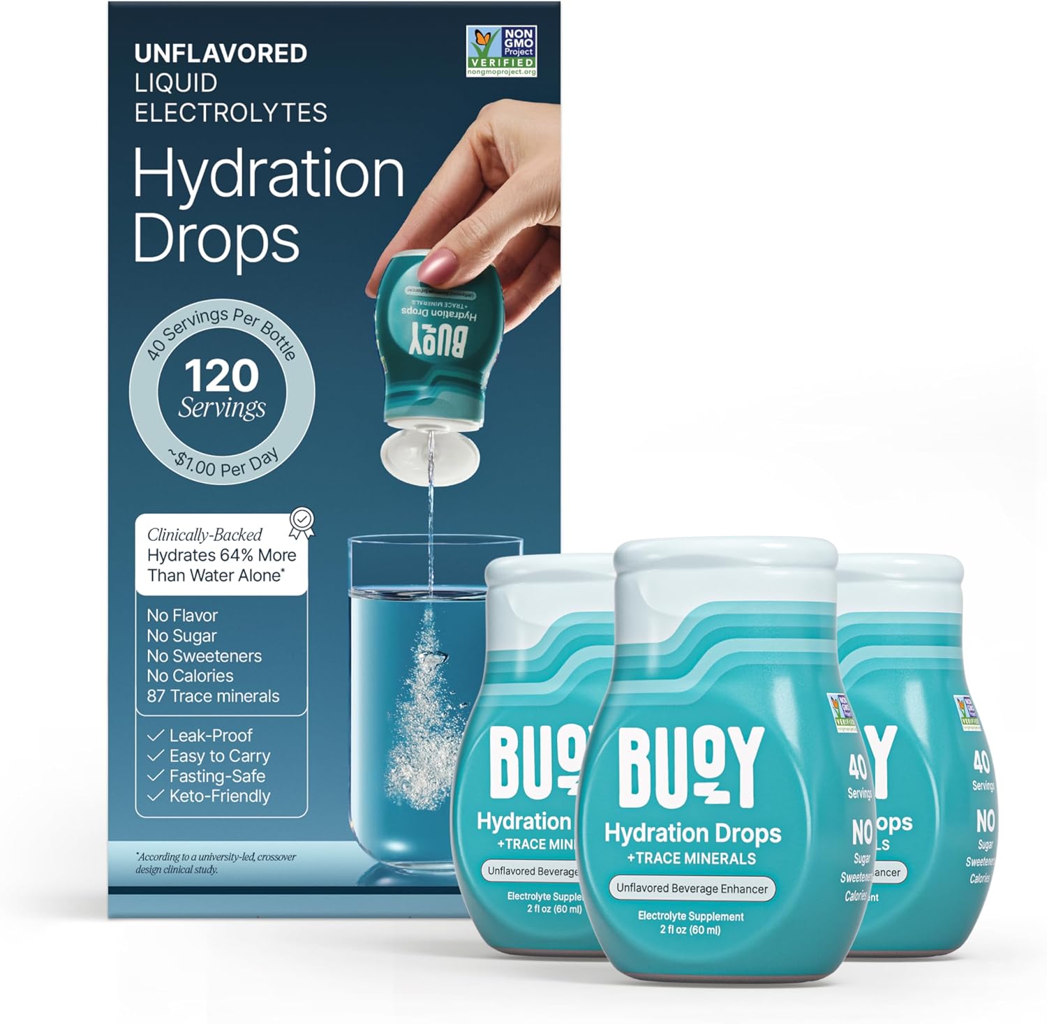 Buoy Electrolyte Drops | 120 Servings | No Sugar, No Sweeteners | 87+ Trace Minerals, Vitamins & Antioxidants | Subtle Mineral Taste | Hydration Supplement - Unflavored 3 Pack