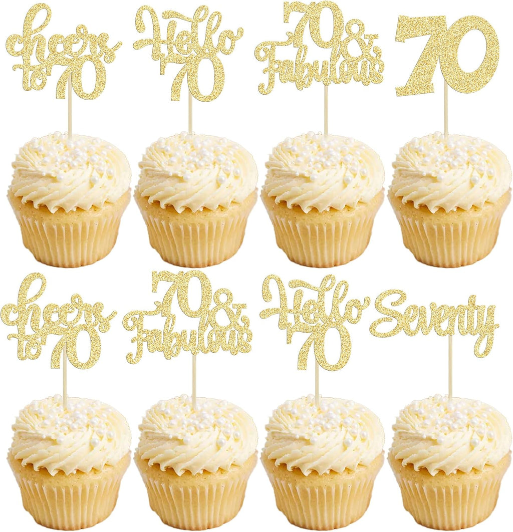 30Pcs Happy 70th Birthday Cupcake Toppers Seventy Cheers to 70 Years Old Birthday Cupcake Picks for 70th Anniversary Party Cake Decorations Supplies Gold Glitter