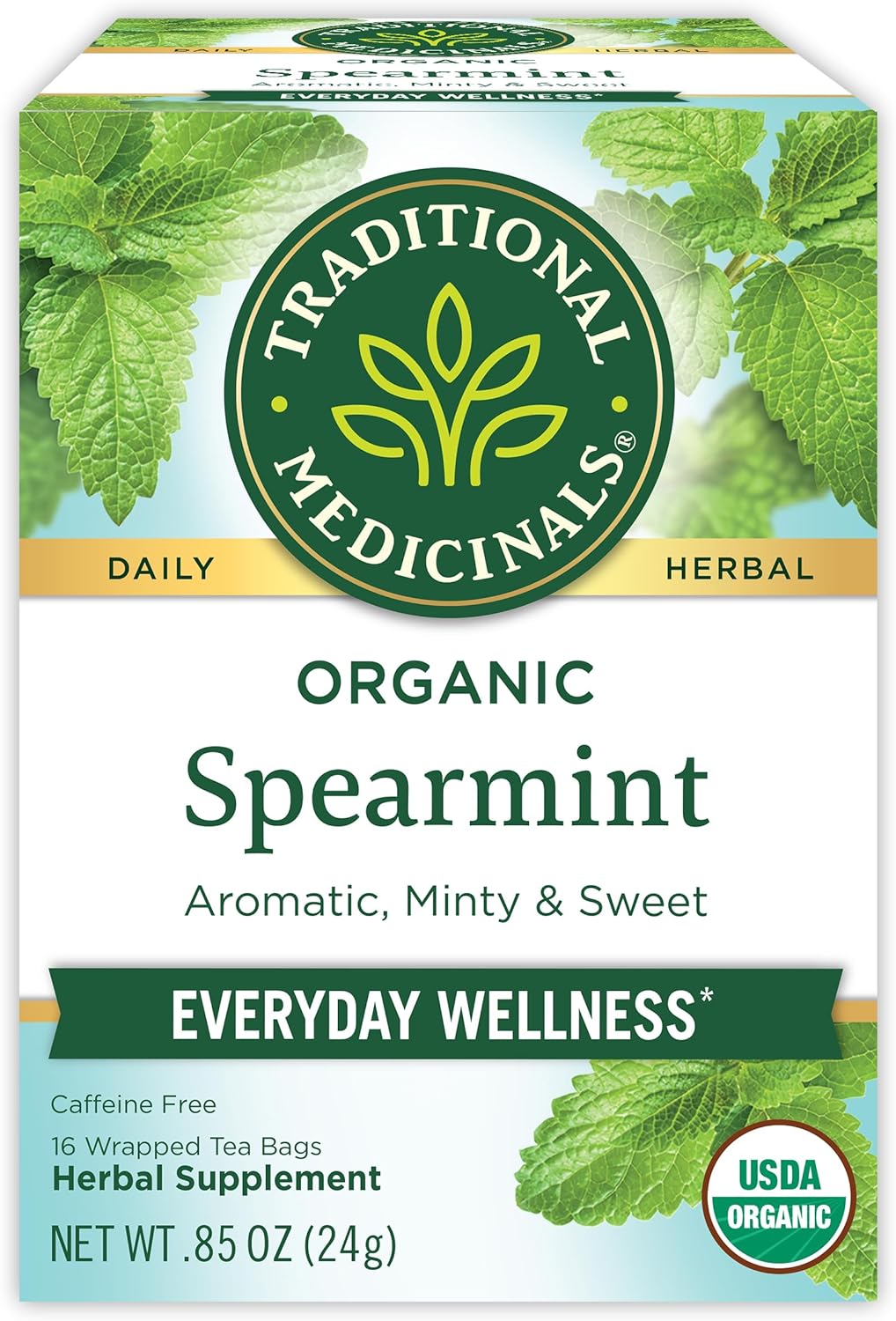 Traditional Medicinals Organic, Spearmint Tea - Supports Everyday Wellness, Healthy & Refreshing - Kosher, Non-GMO, Caffeine-Free, Compostable - 16 Tea Bags