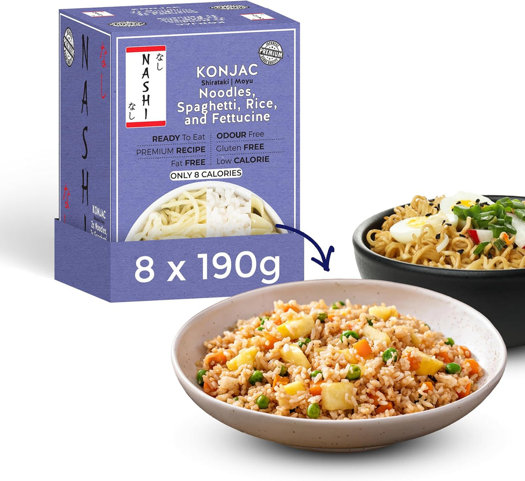 Nashi Konjac Shirataki Premium Mix Pack (8×190g) – Odour-Free, Vegan, Low-Calorie, Fat-Free, Keto-Friendly & Low-Carb Diet | Noodles, Rice, Spaghetti & Fettuccine | Healthy, Ready-to-Eat