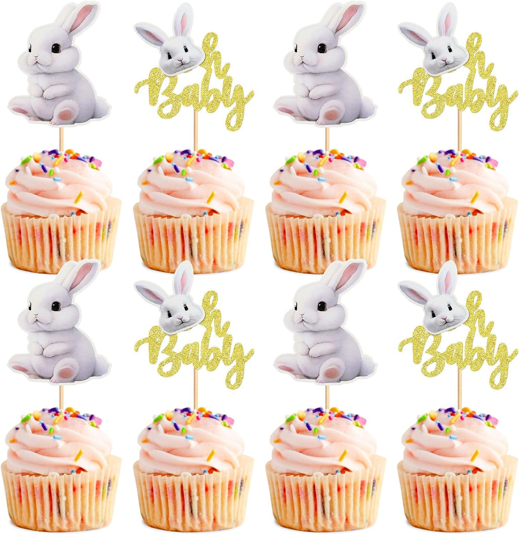 Ercadio 24pcs Cake Topper, Happy Easter Bunny Themed Cupcake Picks for Spring Birthday, Baby Shower Party Supplies