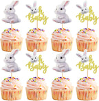 Ercadio 24pcs Cake Topper, Happy Easter Bunny Themed Cupcake Picks for Spring Birthday, Baby Shower Party Supplies