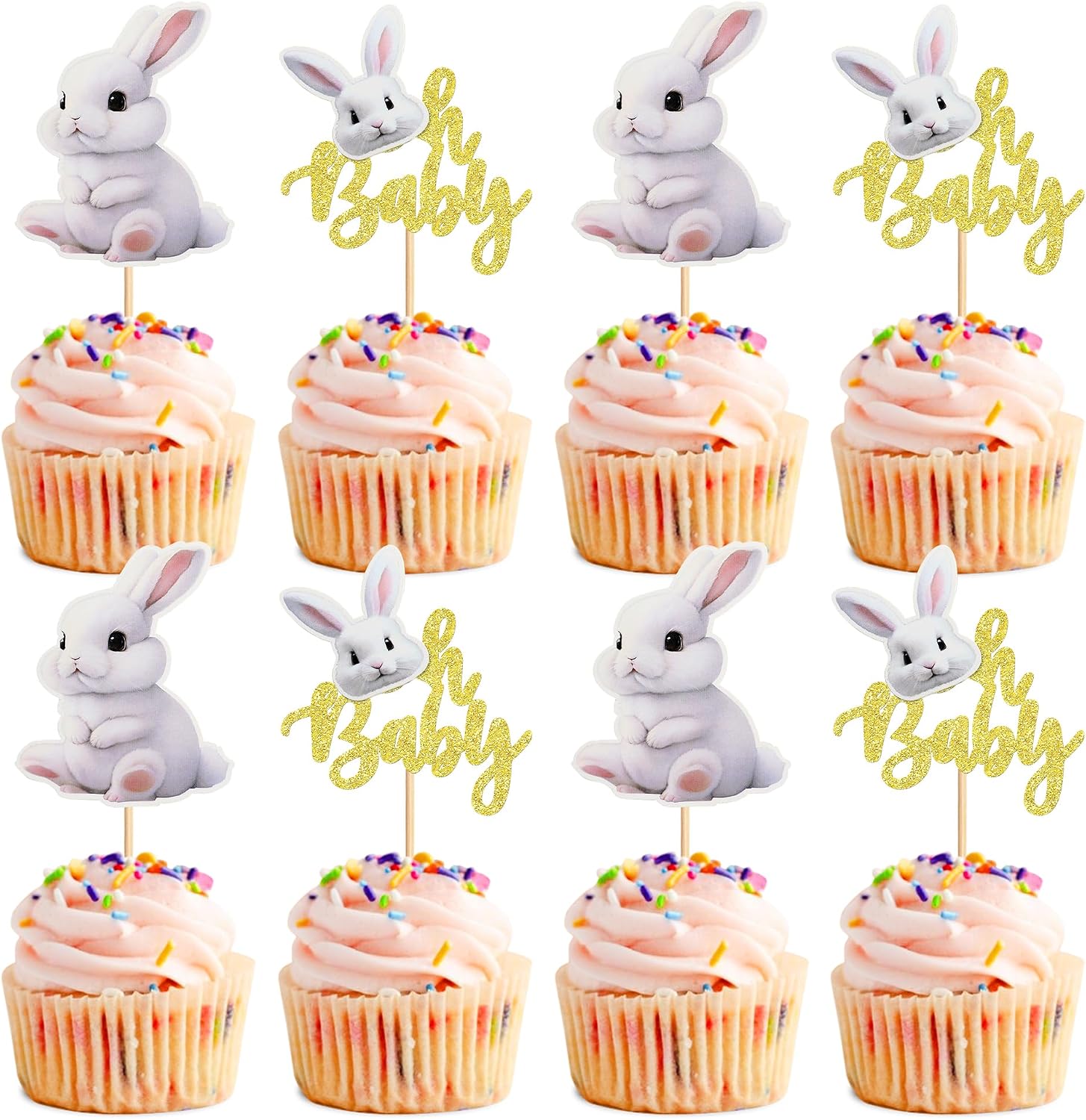 Ercadio 24pcs Cake Topper, Happy Easter Bunny Themed Cupcake Picks for Spring Birthday, Baby Shower Party Supplies