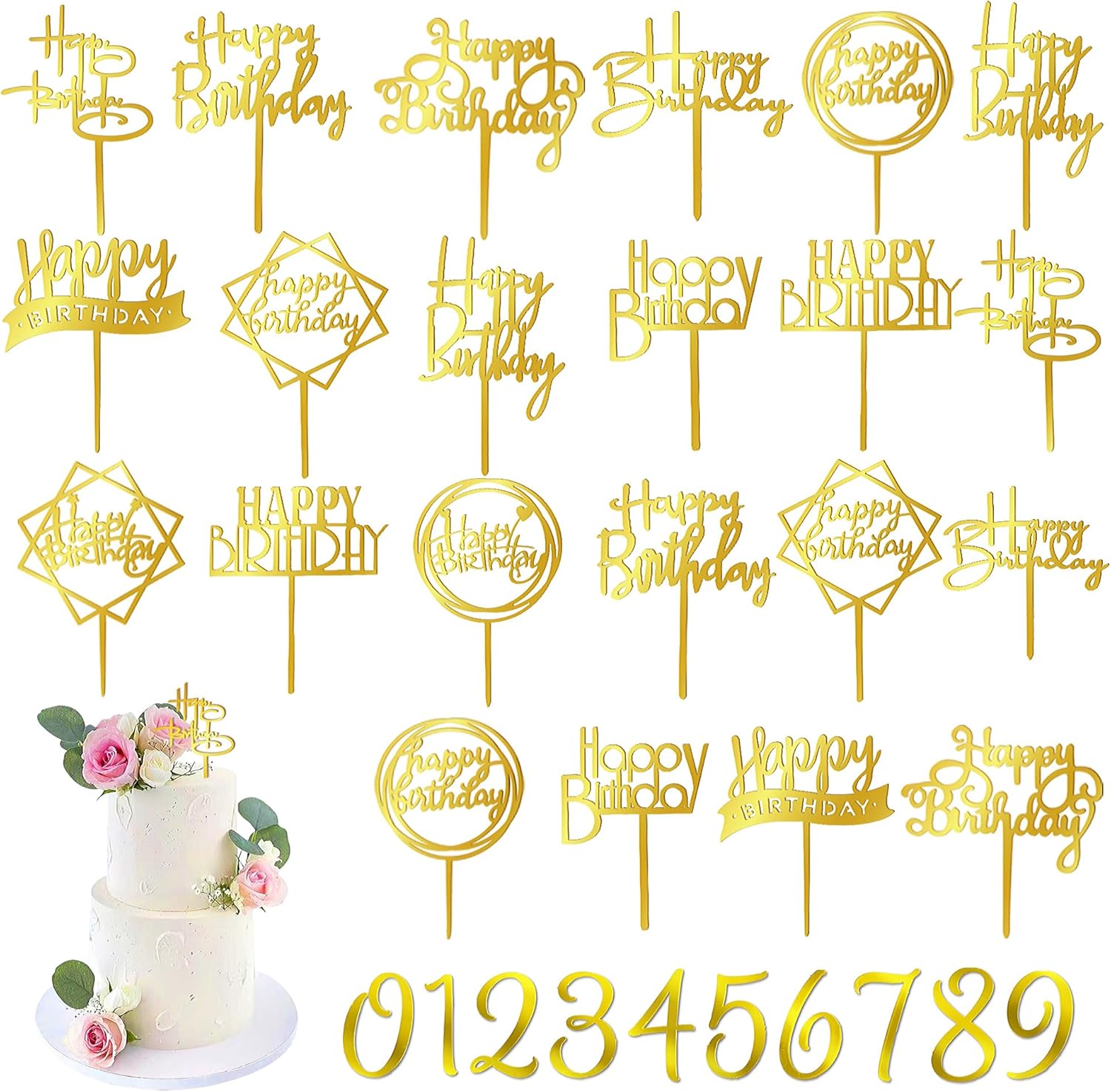 50 PCS Gold Happy Birthday Cake Topper Acrylic Cupcake Topper Pick for Birthday Cake Desserts Decorations (Gold)