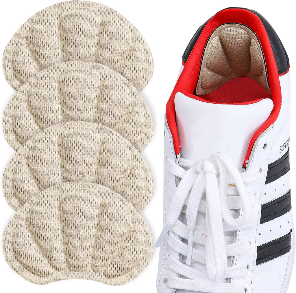Huethy Back of Heel Cushion Inserts, Mesh Grips Pads for Boots, Loose Shoes Too Big, Reusable Adhesive Heel Guards Liners for Women Men, Improve Shoe Fit, 4PCS-Beige