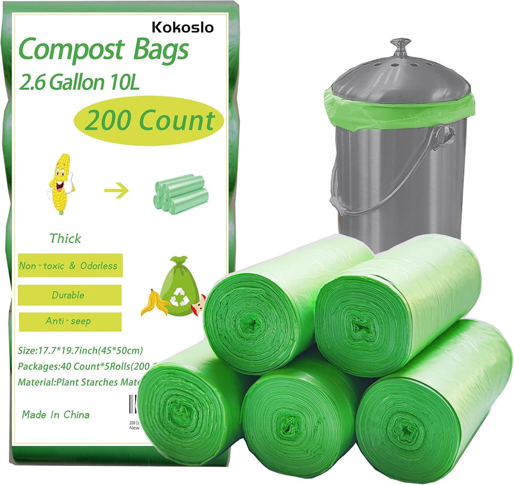 2.6 Gallon 10L Compost Bag, Small trash bag 200 Counts, Strong&Leakage-Free, Green Compostable Liner Bag for Food Scrap/Kitchen Compost Bin, Unscented Thick Trash Bag for Bathroom, Bedroom, Office
