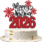 1 Pack 2026 Happy New Year Cake Topper Glitter Hello 2026 Fireworks Cake Pick Welcome 2026 Happy New Year's Eve Cake Decoration Party Supplies Red
