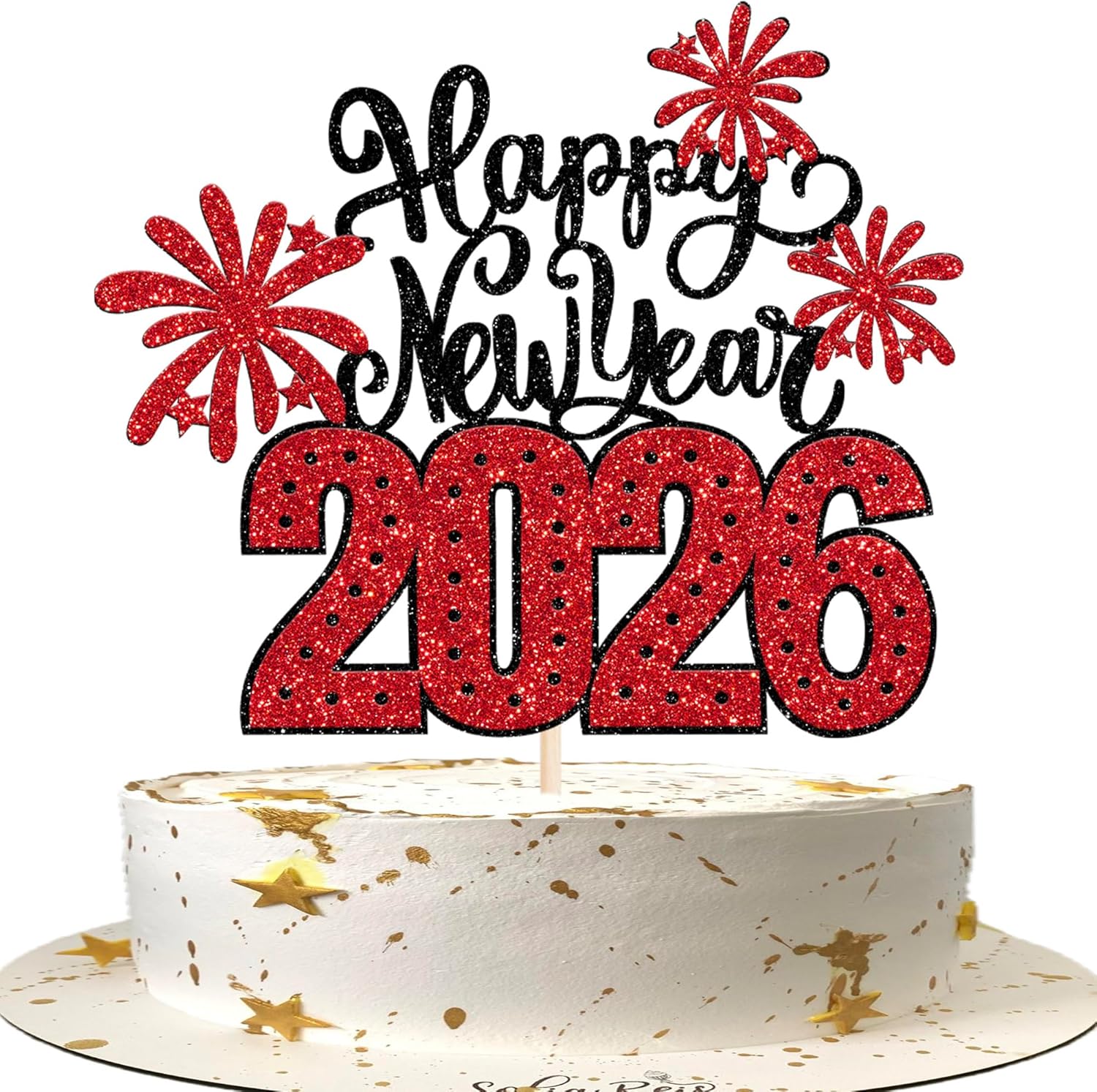 1 Pack 2026 Happy New Year Cake Topper Glitter Hello 2026 Fireworks Cake Pick Welcome 2026 Happy New Year's Eve Cake Decoration Party Supplies Red