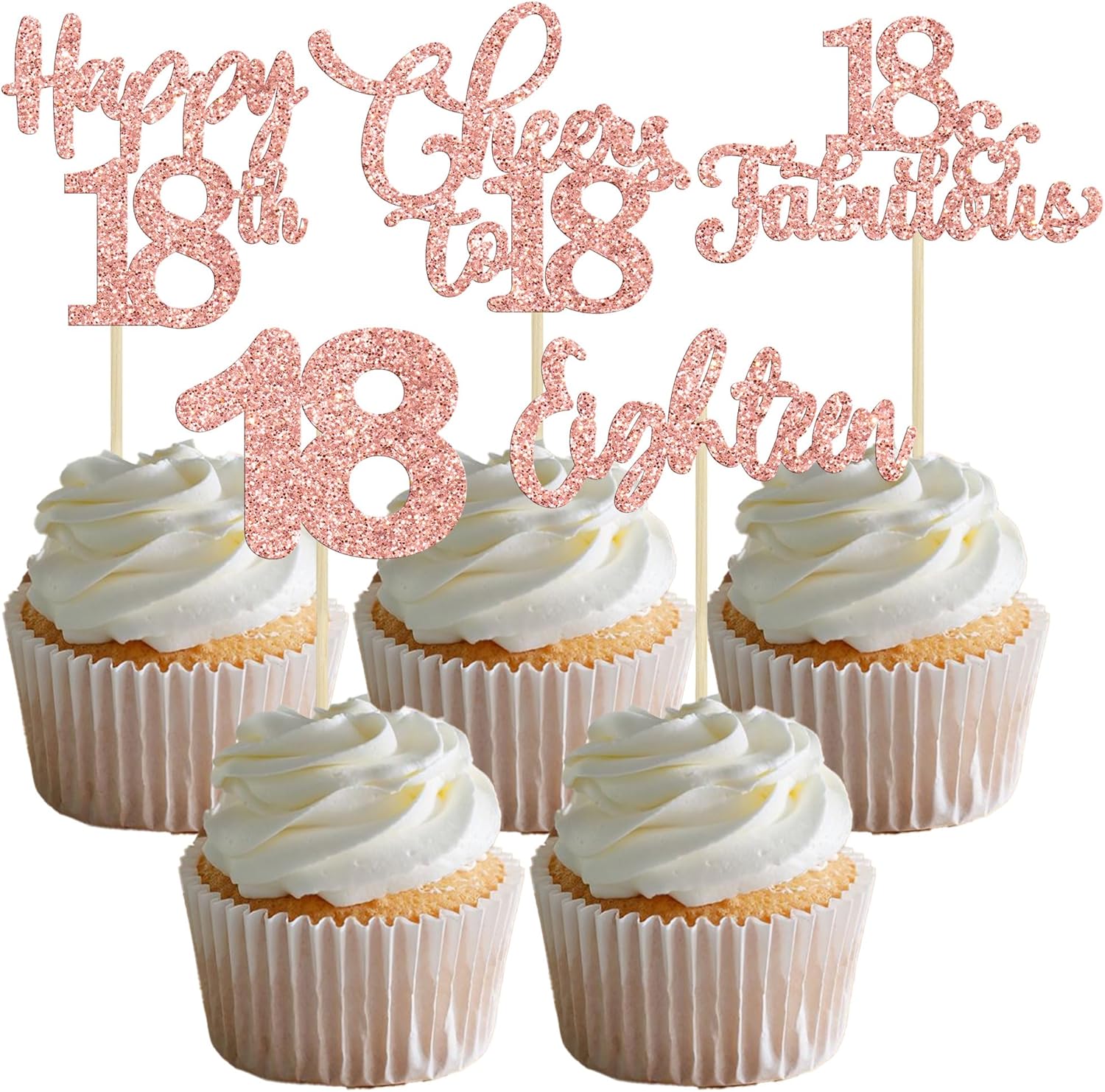 30 Pack Happy 18th Birthday Cupcake Toppers Rose Gold Glitter Eighteen Cheers to 18 Years Old Birthday Cupcake Picks for Happy 18th Anniversary Party Cake Decorations